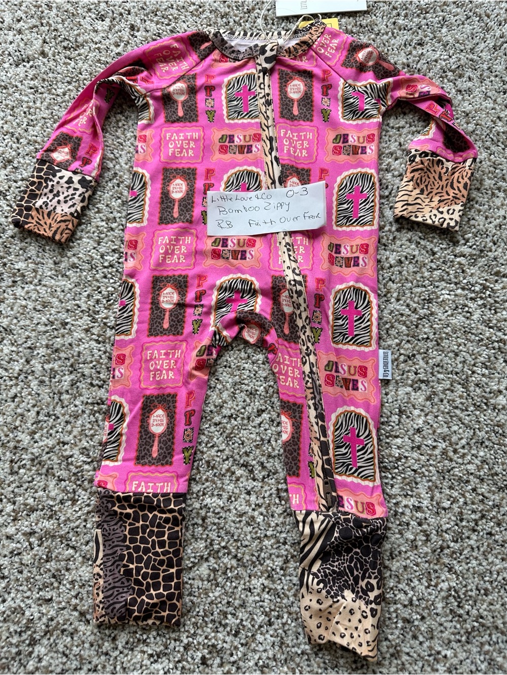 Pink Faith-Print Baby Bamboo Zippy One-Piece with Animal Trim